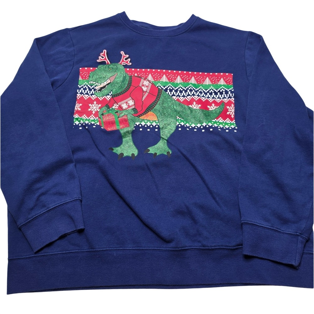 Holiday Time Mens 2XL Navy Blue T-Rex Dinosaur Christmas Sweatshirt HT40301B